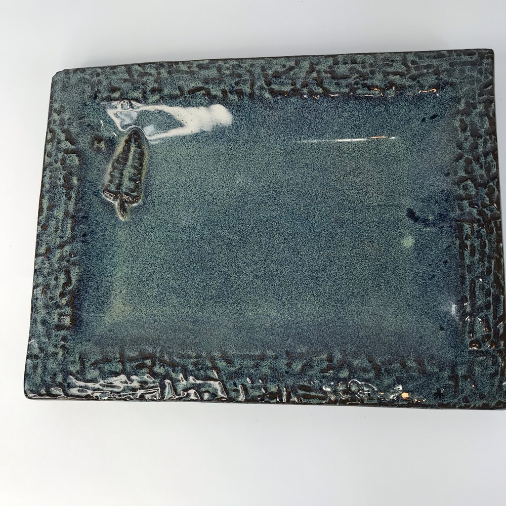 Handmade Pottery Tan & Blue Leave Serving Tray Pla